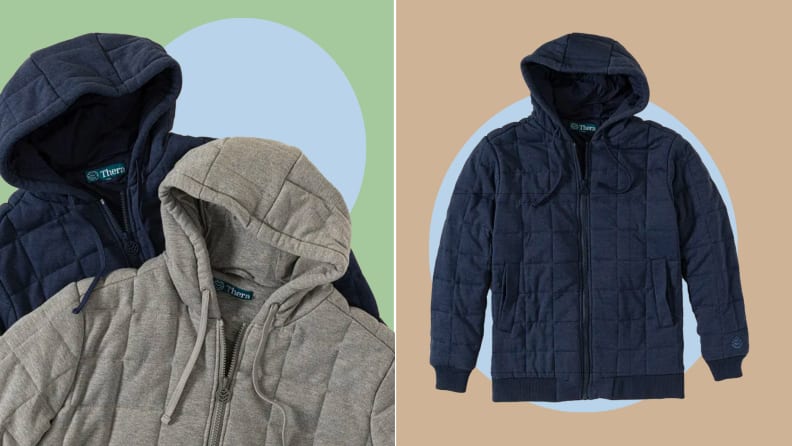 On left, gray and navy weighted hoodies stacked on top of each other. On right, navy blue quilted weighted hoodie.