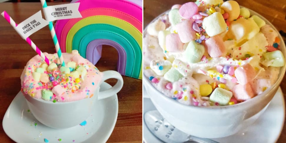 Unicorn hot chocolate is the most glittery beverage you'll ever drink.