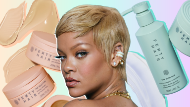 Collage of Rihanna wearing a cropped blonde bob surrounded by Fenty Hair products.