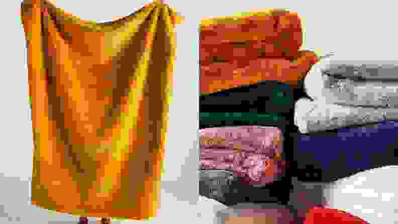 Two images of colorful throw blankets.
