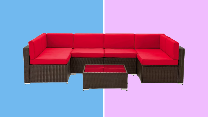 An image of a large sectional patio sofa with plush red chairs.