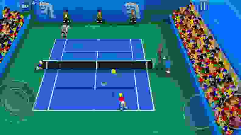 A screenshot of a singles match in the Tennis Champs game, showing the player's character serving the ball to the opponent.