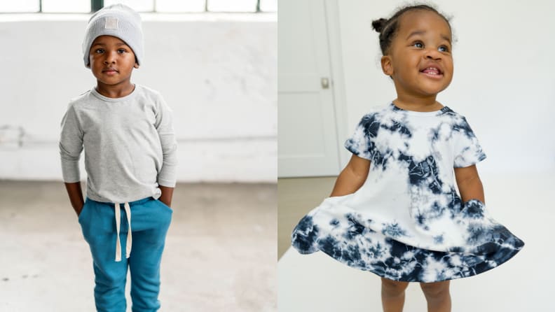 On the left: A young Black boy wearing soft clothing. On the right: A young Black girl smiling and wearing a tie dye dress.
