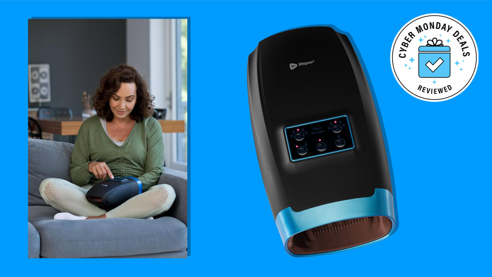 A woman using the LifePro Hand Massager and the device itself on a blue background.