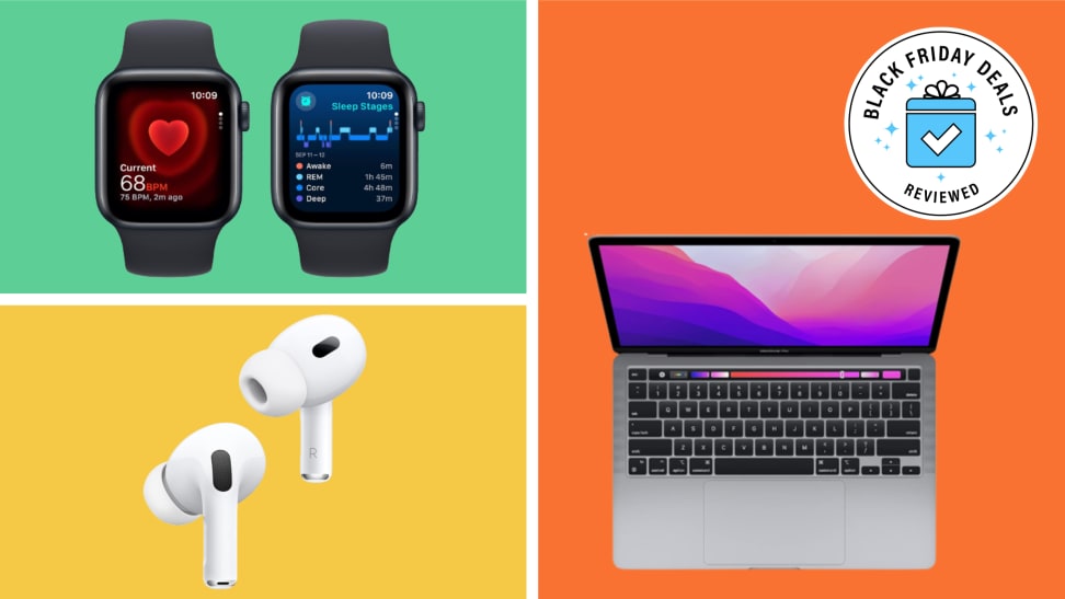 A collection of Apple devices with the Black Friday Deals Reviewed badge in front of colored backgrounds.