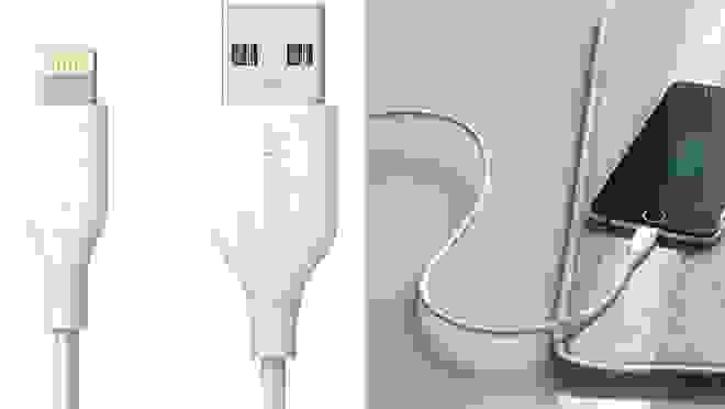 Close-up of lightning cable, lightning cable plugged into phone