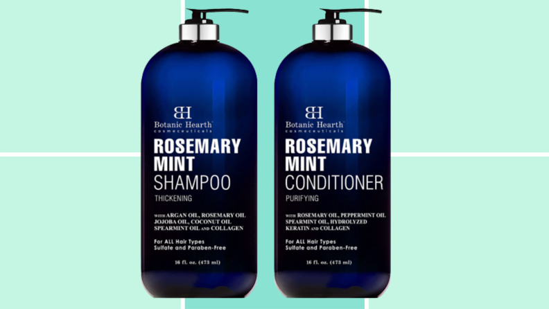 Two bottles of Botanic Hearth Rosemary Mint shampoo and conditioner
