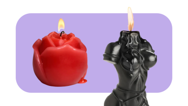 An image of a melting, rose-shaped wax candle and a partially melted, lit black candle shaped like a human form with shibari ropes tied across it.