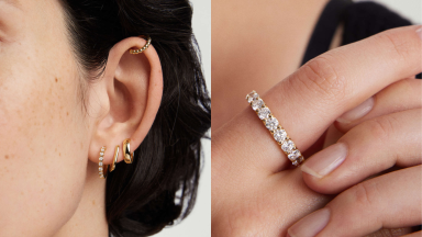 An image of a person wearing a set of gold earrings, among them a thin gold huggie earring studded with diamonds, and an image of a hand with a diamond band on the index finger.