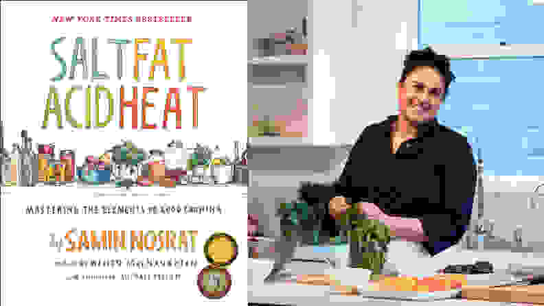 Left: The cover of a book called Salt, Fat, Acid, Heat: Mastering the Elements of Good Cooking, by Samin Nosrat. Right: American chef Samin Nosrat is photographed, smiling, in the kitchen.