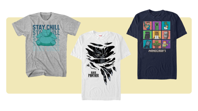 Three T-Shirts featuring designs from Pokemon, Minecraft, and Black Panther.
