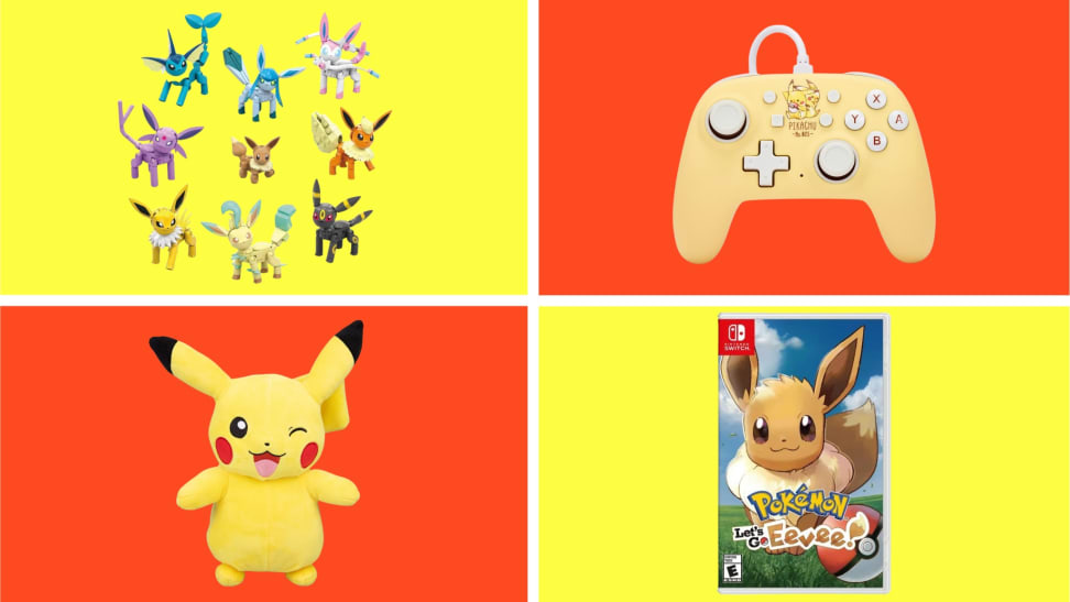 A collection of Pokémon-themed items in front of colored backgrounds.