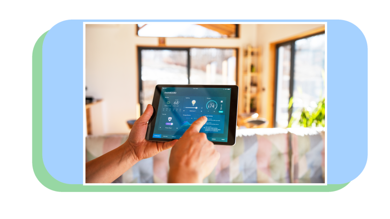 Person using tablet to check energy efficiency levels in modern home.