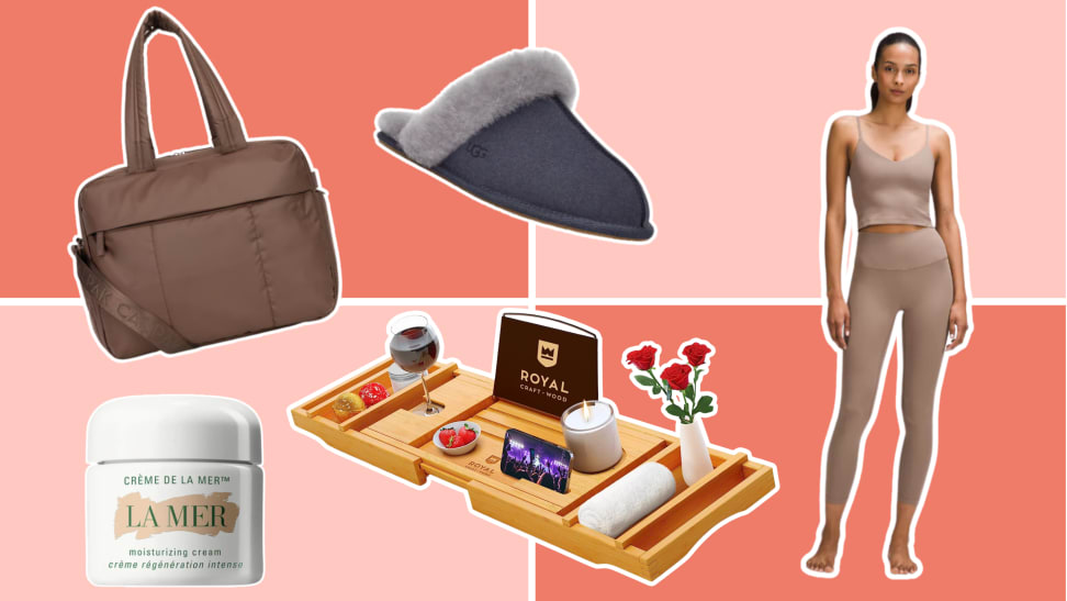 A selection of the best gifts for women including Ugg slippers, a Calpak duffel, a bath tray, and lululemon leggings.