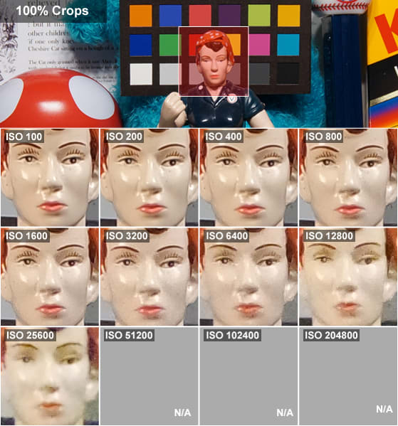 Photo crops displaying the noise levels of the default setting on the Samsung NX3000 digital camera.