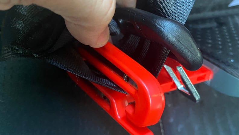 A closeup of the mifold booster lap belt guide.