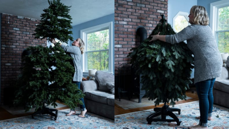 A person setting up a flip tree.