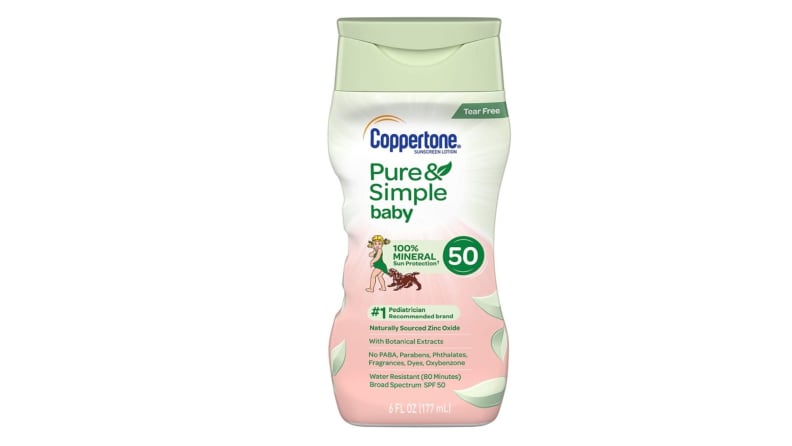 A bottle of Coppertone Pure and Simple sunblock