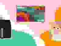 飞利浦空气油炸锅，一个TCL电视和一个色彩缤纷的背景上的鳞茎