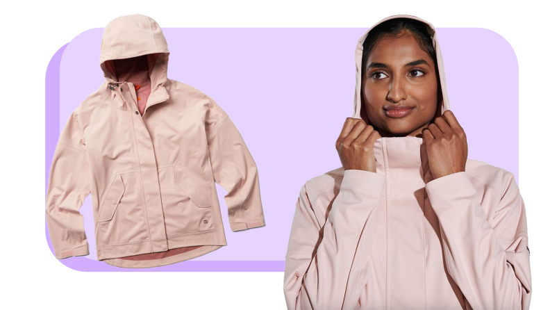 On left, product shot of the pink Merell Whisper Rain Shell with attached hood. On right, model wearing the Product shot of the pink Merell Whisper Rain Shell with hood on head and hands on each side holding it in place.