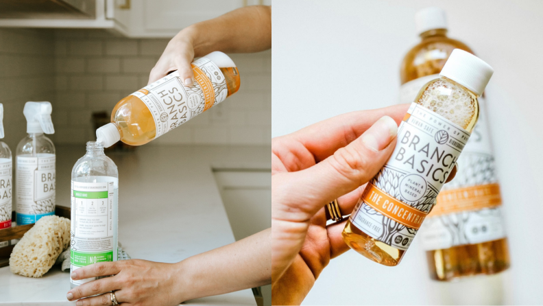 On left, hand refilling another bottle, on right, hand holding Branch Basics concentrate bottle