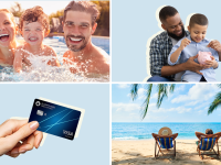 On top left, family of three smiling in swimming pools outdoors. On top right, child and parent smiling while inserting coins into pink piggy banks. On bottom left, person holding blue plastic credit card. On bottom right, two people lounging in beach chairs on tropical beach.