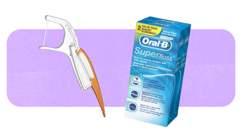 Product shot of the Orthopick Dental Floss Picks next to Oral-B Super Floss.