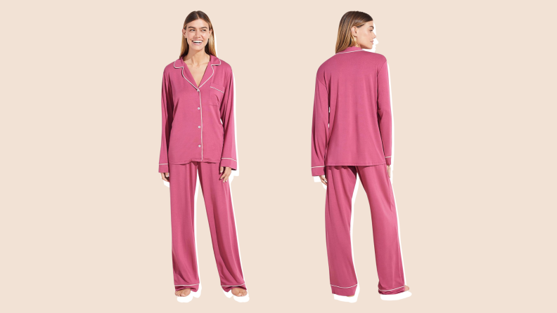 Two images of a model face toward and away from the photographer while wearing dark pink Eberjey pajamas.