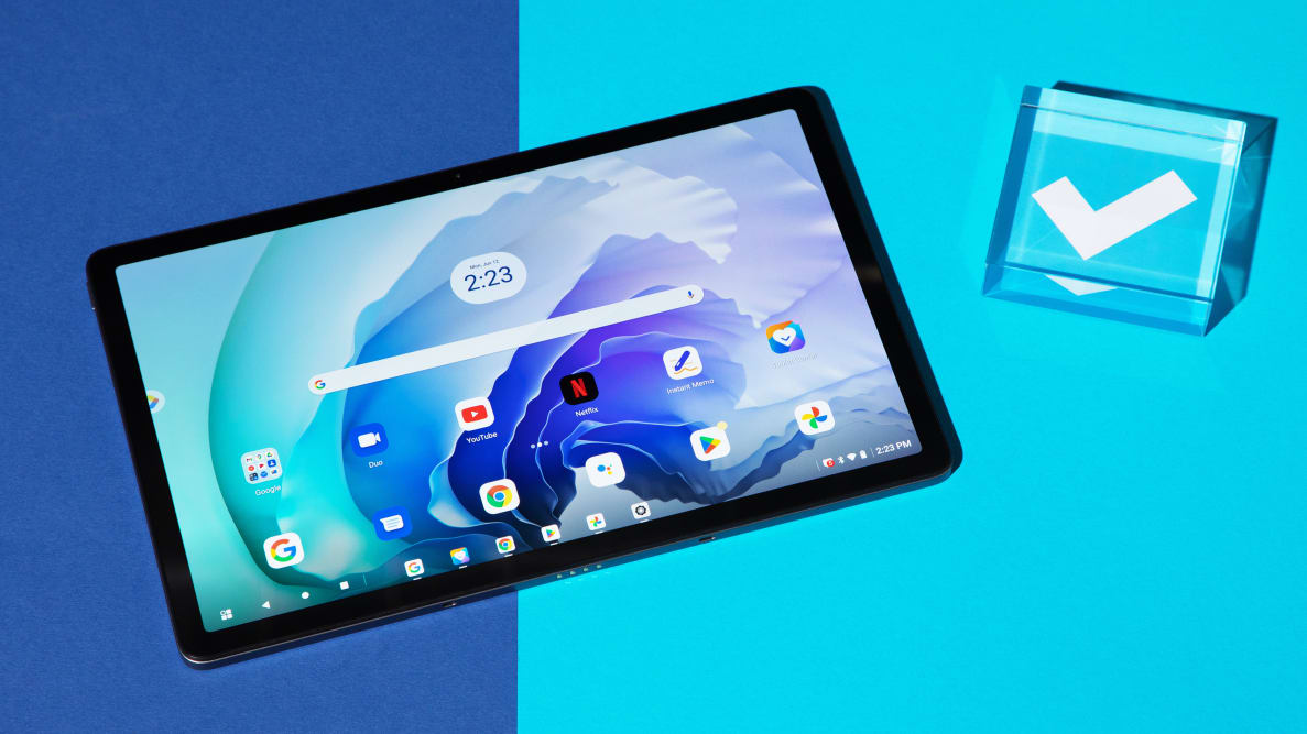 Lenovo's Tab P11 Pro Gen 2 sits on a desktop, turned on and ready to use.