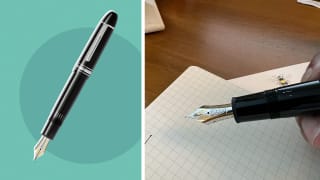 A black fountain pen, and a close-up of the gold and platinum nib on the pen.