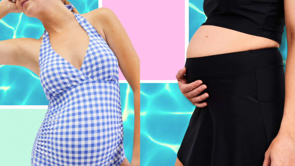 Models displaying black and blue gingham maternity swimwear.