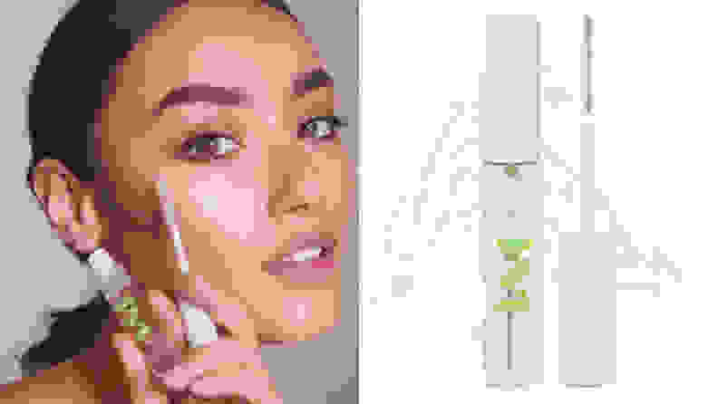 On the left: A model holds up an eyebrow gel to her face and looks at the camera. On the right: A tube of eyebrow gel stands with a swatch of the gel behind it and the spoolie next to it.