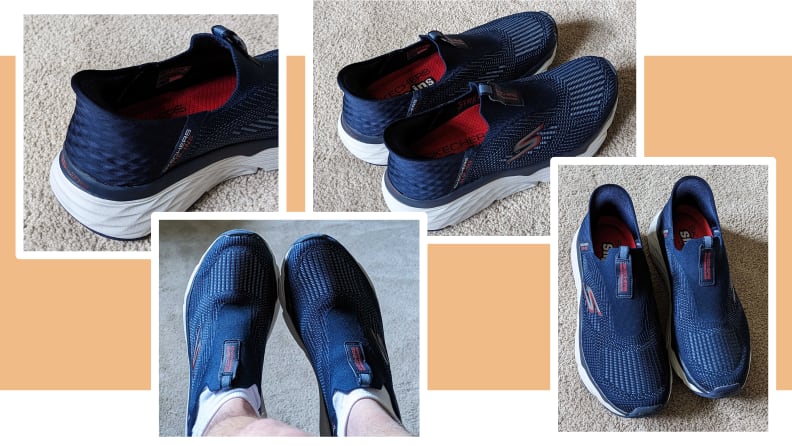 Wsuwane buty Skechers: Max Cushioning - Korzystne buty obok siebie na pomarańczowym i białym tle.