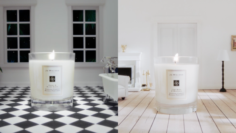 On right, Jo Malone Mimosa and Cardamom Home Candle in bathroom setting, on black and white tile floor. On right, Jo Malone Mimosa and Cardamom Home Candle in living room setting on hardwood floor.