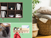 Collage of creative ways to hide clutter, including cube storage, baskets, shelves, and bins.