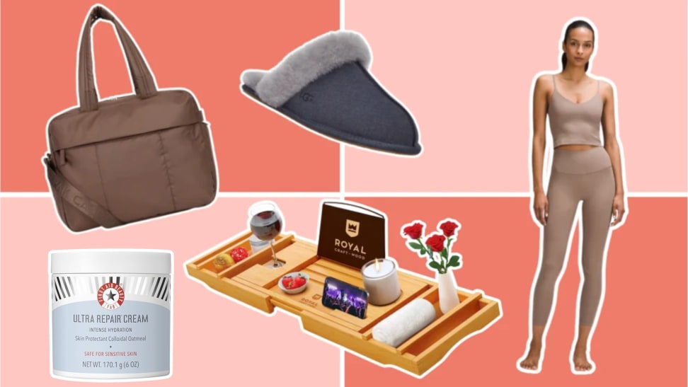 A selection of the best gifts for women including Ugg slippers, a Calpak duffel, a bath tray, and lululemon leggings.