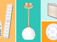 Collage of hallway lights and a remote.