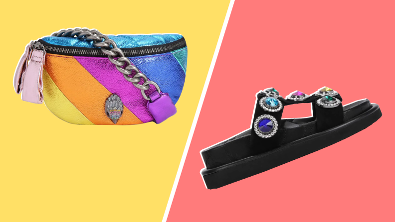 A rainbow-colored leather belt bag and a black sandal with large, colorful rhinestones.
