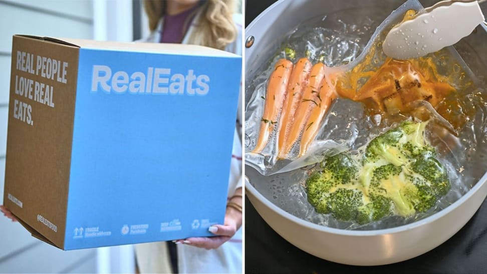 On the left, a woman is holding a box of RealEats premade meals; on the right, a pot of boiling water shot from above with bags of sous vide meat, broccoli, and carrots inside.