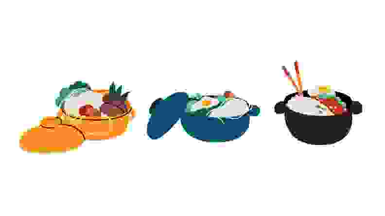 An illustration of three donabe clay pots filled with food.