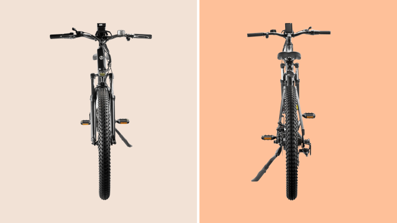 Side-by-side view of the front and back of the SWFT ebike, which is styled like a mountain bike but does not ride like one.