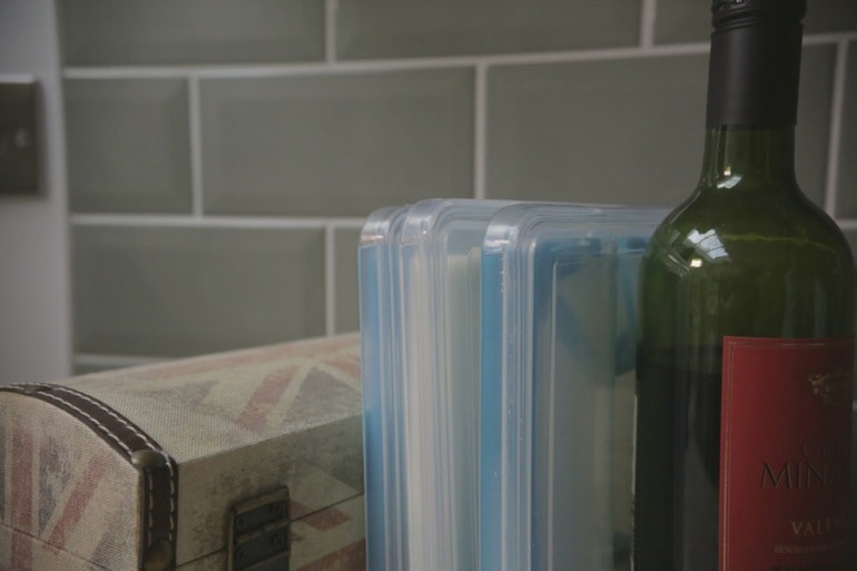 A FoldFlat food container stored upright on a countertop
