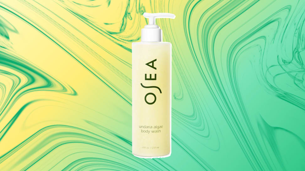 Photo of the Osea Undaria Algae Body Wash against a yellow and green background.