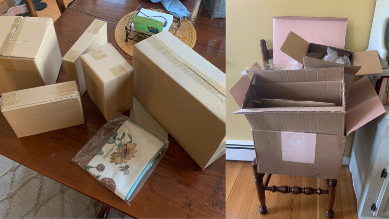many cardboard boxes sit on a table next to a unwrapped subscription box from Decocrated
