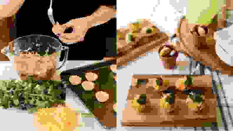 On left, a person transferring chicken filling from a class bowl into individual tortilla scoop chips. On right, completed salsa chicken bites arranged on wooden boards.