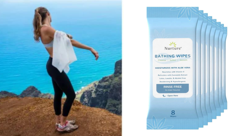 Left: Person using large towelette on body on a cliff, Right: 8 Nurture wipes on a white background