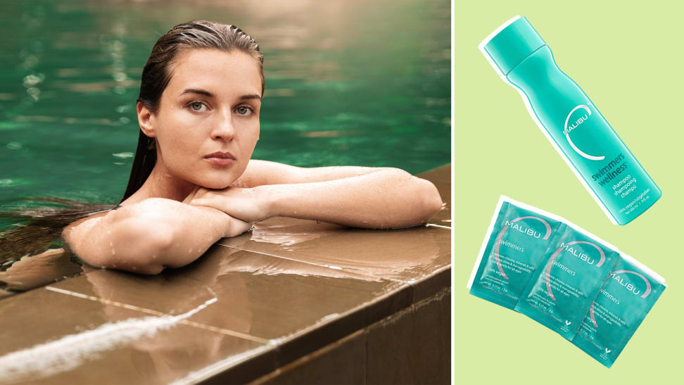 Person perched on edge of swimming pool next to hair products.