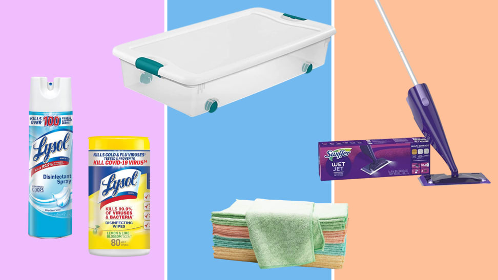 Lysol products, microfiber towels, a Swiffer WetJet, and Sterile plastic box against a colorful background.