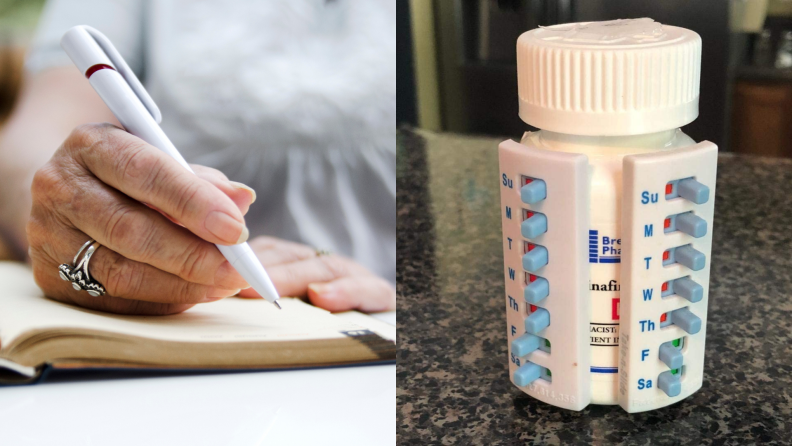 On left, person writing in notebook with pen. On right pill tracker gadget on bottle.