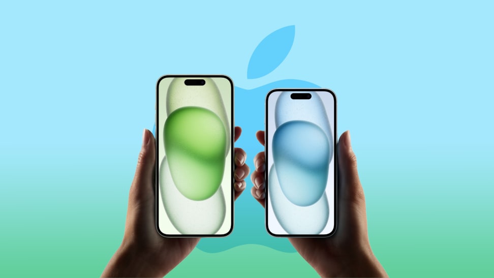 The iPhone 15 and iPhone 15 Pro held in two hands in front of a blue and green background with the Apple logo.